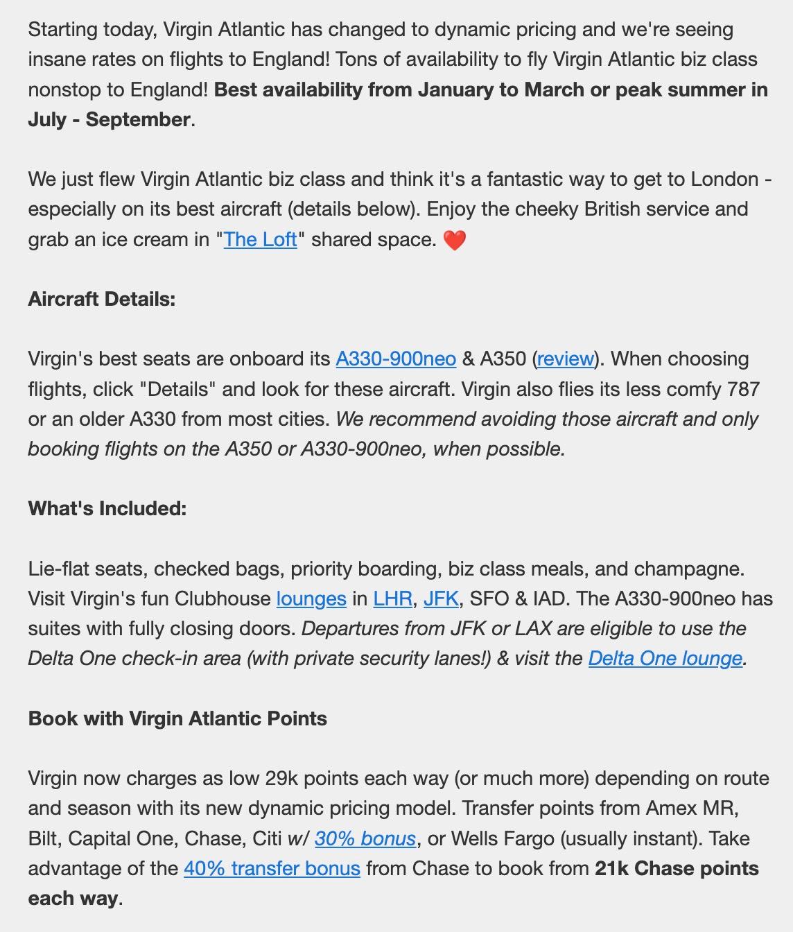 Virgin atlantic business class flight deal best availability from january to march or peak summer from july to september, aircraft details, what's included in the fare and instructions for how to book with virgin atlantic points